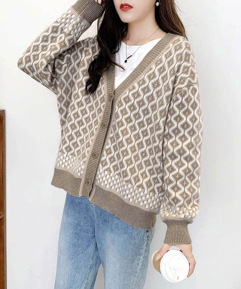 ジャガード編みニットカーディガンVネック 韓国 レディース 秋冬服 長袖 ドロップショルダー ニットトップス 体型カバー ゆったり 着やせ ニット羽織り きれいめ 86KANING-005