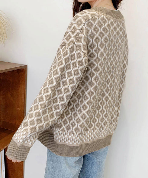 ジャガード編みニットカーディガンVネック 韓国 レディース 秋冬服 長袖 ドロップショルダー ニットトップス 体型カバー ゆったり 着やせ ニット羽織り きれいめ 86KANING-005