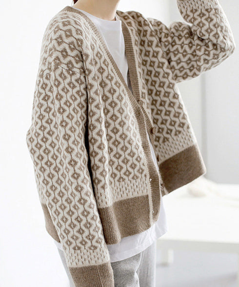 ジャガード編みニットカーディガンVネック 韓国 レディース 秋冬服 長袖 ドロップショルダー ニットトップス 体型カバー ゆったり 着やせ ニット羽織り きれいめ 86KANING-005
