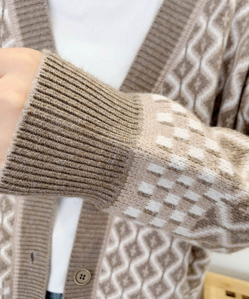 ジャガード編みニットカーディガンVネック 韓国 レディース 秋冬服 長袖 ドロップショルダー ニットトップス 体型カバー ゆったり 着やせ ニット羽織り きれいめ 86KANING-005