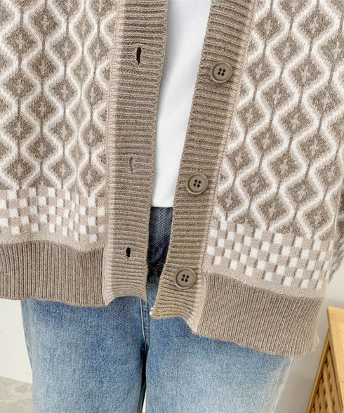 ジャガード編みニットカーディガンVネック 韓国 レディース 秋冬服 長袖 ドロップショルダー ニットトップス 体型カバー ゆったり 着やせ ニット羽織り きれいめ 86KANING-005