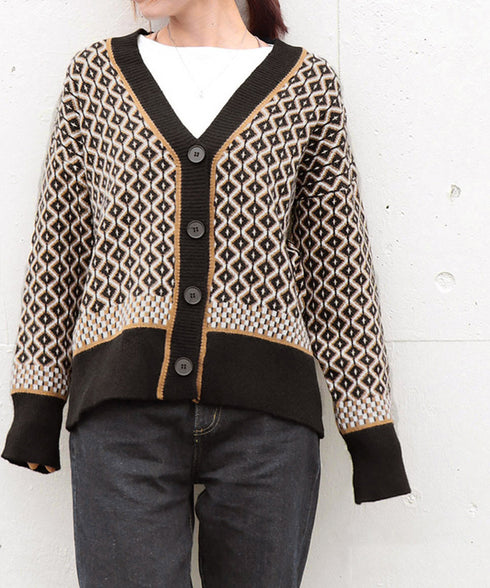 ジャガード編みニットカーディガンVネック 韓国 レディース 秋冬服 長袖 ドロップショルダー ニットトップス 体型カバー ゆったり 着やせ ニット羽織り きれいめ 86KANING-005