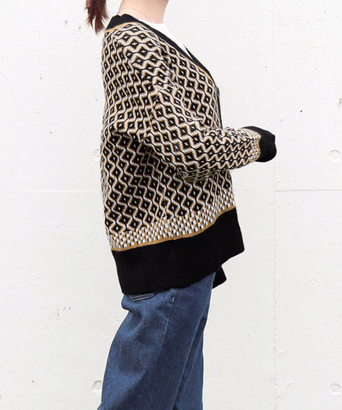 ジャガード編みニットカーディガンVネック 韓国 レディース 秋冬服 長袖 ドロップショルダー ニットトップス 体型カバー ゆったり 着やせ ニット羽織り きれいめ 86KANING-005