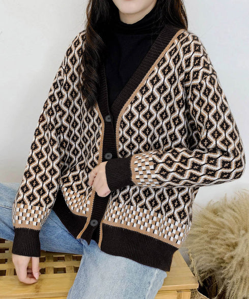 ジャガード編みニットカーディガンVネック 韓国 レディース 秋冬服 長袖 ドロップショルダー ニットトップス 体型カバー ゆったり 着やせ ニット羽織り きれいめ 86KANING-005