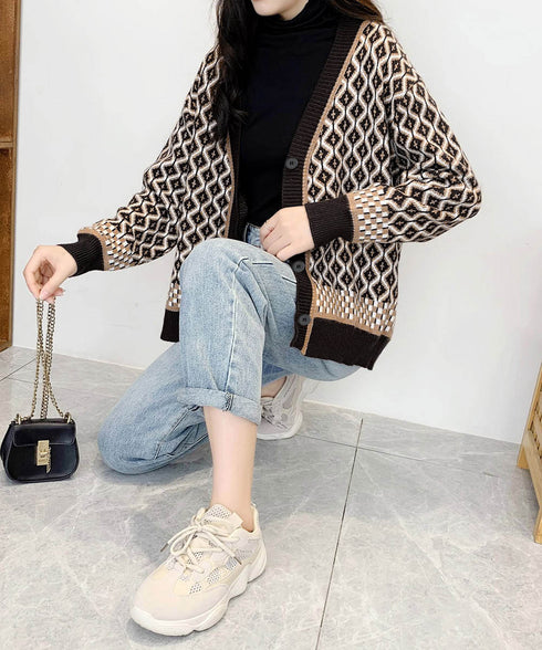 ジャガード編みニットカーディガンVネック 韓国 レディース 秋冬服 長袖 ドロップショルダー ニットトップス 体型カバー ゆったり 着やせ ニット羽織り きれいめ 86KANING-005