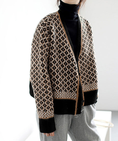 ジャガード編みニットカーディガンVネック 韓国 レディース 秋冬服 長袖 ドロップショルダー ニットトップス 体型カバー ゆったり 着やせ ニット羽織り きれいめ 86KANING-005