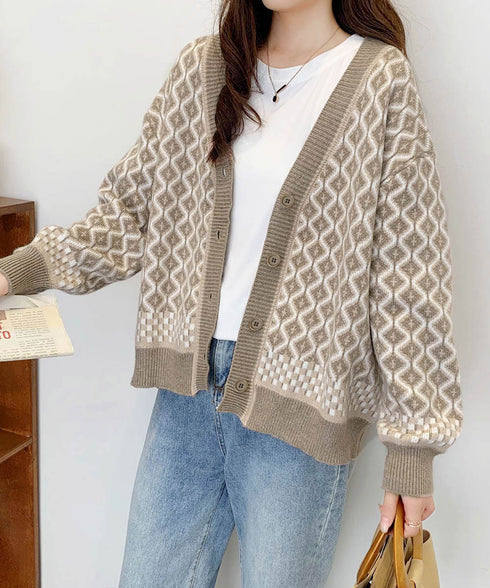 ジャガード編みニットカーディガンVネック 韓国 レディース 秋冬服 長袖 ドロップショルダー ニットトップス 体型カバー ゆったり 着やせ ニット羽織り きれいめ 86KANING-005