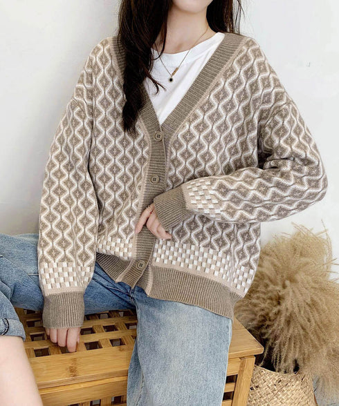 ジャガード編みニットカーディガンVネック 韓国 レディース 秋冬服 長袖 ドロップショルダー ニットトップス 体型カバー ゆったり 着やせ ニット羽織り きれいめ 86KANING-005