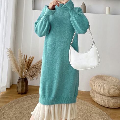 ニット ドッキングワンピース カジュアル シフォン 切り替え 韓国 ファッション ワンピース 秋冬 アンブレラスリーブ フリル袖 膝丈ワンピース プチハイネック 86KANING-010