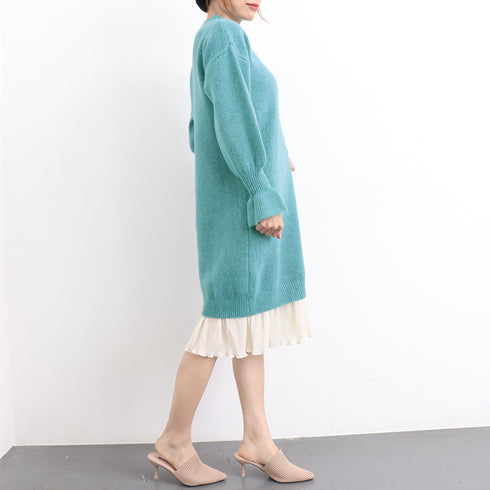 ニット ドッキングワンピース カジュアル シフォン 切り替え 韓国 ファッション ワンピース 秋冬 アンブレラスリーブ フリル袖 膝丈ワンピース プチハイネック 86KANING-010