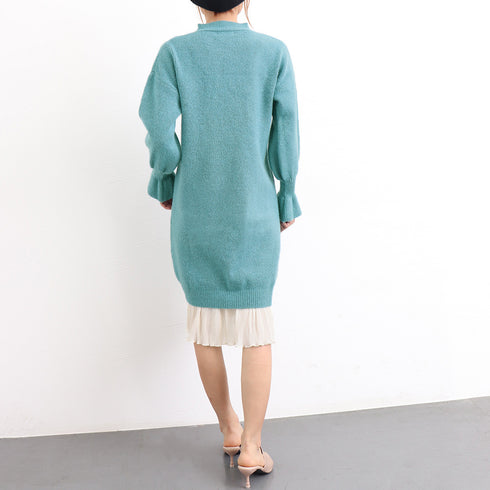 ニット ドッキングワンピース カジュアル シフォン 切り替え 韓国 ファッション ワンピース 秋冬 アンブレラスリーブ フリル袖 膝丈ワンピース プチハイネック 86KANING-010