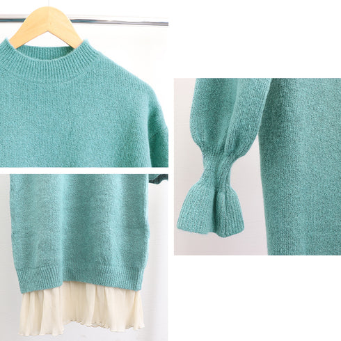 ニット ドッキングワンピース カジュアル シフォン 切り替え 韓国 ファッション ワンピース 秋冬 アンブレラスリーブ フリル袖 膝丈ワンピース プチハイネック 86KANING-010