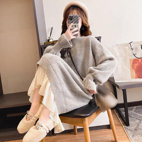 ニット ドッキングワンピース カジュアル シフォン 切り替え 韓国 ファッション ワンピース 秋冬 アンブレラスリーブ フリル袖 膝丈ワンピース プチハイネック 86KANING-010