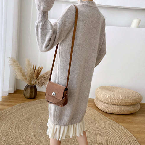 ニット ドッキングワンピース カジュアル シフォン 切り替え 韓国 ファッション ワンピース 秋冬 アンブレラスリーブ フリル袖 膝丈ワンピース プチハイネック 86KANING-010