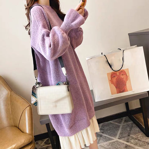 ニット ドッキングワンピース カジュアル シフォン 切り替え 韓国 ファッション ワンピース 秋冬 アンブレラスリーブ フリル袖 膝丈ワンピース プチハイネック 86KANING-010