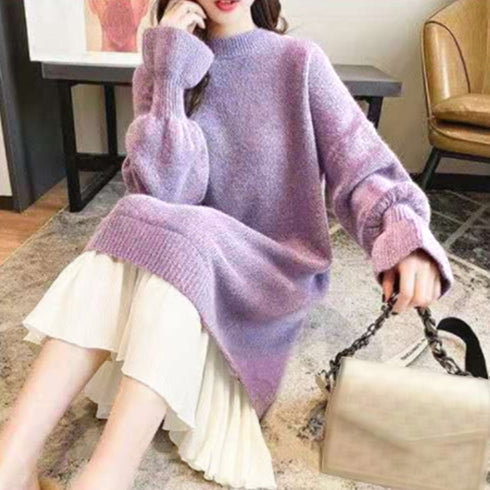 ニット ドッキングワンピース カジュアル シフォン 切り替え 韓国 ファッション ワンピース 秋冬 アンブレラスリーブ フリル袖 膝丈ワンピース プチハイネック 86KANING-010