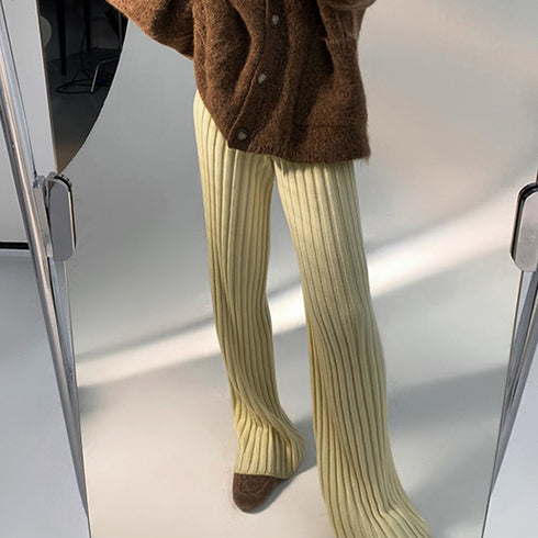 ニットパンツレディース セミフレアパンツ ウエストゴム リブニットパンツ スラッと美脚見せ ストレッチ ハイウエスト ロングパンツ 厚手 あったか 楽ちんボトムス 86KANING-011