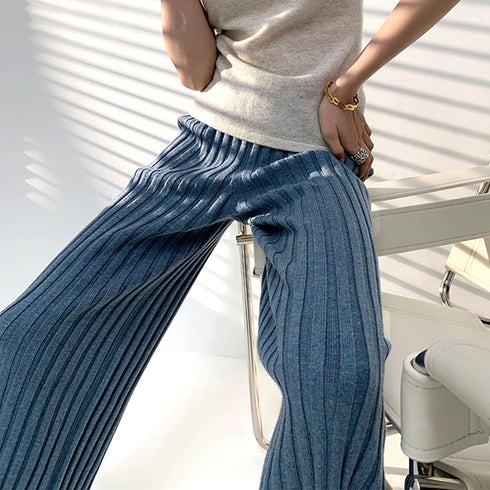 ニットパンツレディース セミフレアパンツ ウエストゴム リブニットパンツ スラッと美脚見せ ストレッチ ハイウエスト ロングパンツ 厚手 あったか 楽ちんボトムス 86KANING-011