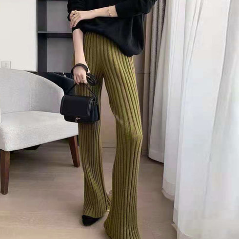 ニットパンツレディース セミフレアパンツ ウエストゴム リブニットパンツ スラッと美脚見せ ストレッチ ハイウエスト ロングパンツ 厚手 あったか 楽ちんボトムス 86KANING-011