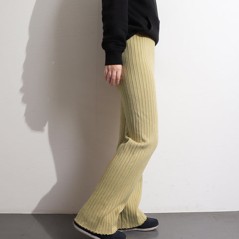 ニットパンツレディース セミフレアパンツ ウエストゴム リブニットパンツ スラッと美脚見せ ストレッチ ハイウエスト ロングパンツ 厚手 あったか 楽ちんボトムス 86KANING-011