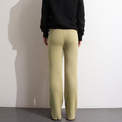 ニットパンツレディース セミフレアパンツ ウエストゴム リブニットパンツ スラッと美脚見せ ストレッチ ハイウエスト ロングパンツ 厚手 あったか 楽ちんボトムス 86KANING-011