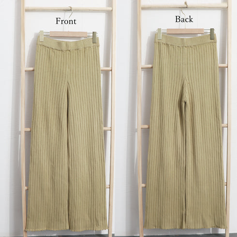 ニットパンツレディース セミフレアパンツ ウエストゴム リブニットパンツ スラッと美脚見せ ストレッチ ハイウエスト ロングパンツ 厚手 あったか 楽ちんボトムス 86KANING-011