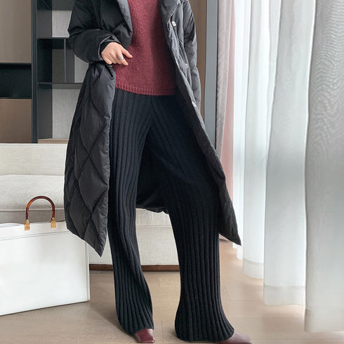 ニットパンツレディース セミフレアパンツ ウエストゴム リブニットパンツ スラッと美脚見せ ストレッチ ハイウエスト ロングパンツ 厚手 あったか 楽ちんボトムス 86KANING-011