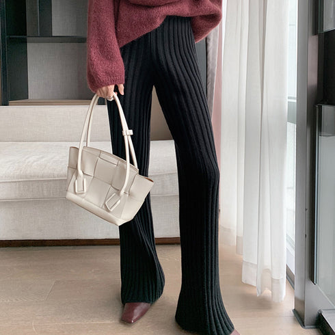 ニットパンツレディース セミフレアパンツ ウエストゴム リブニットパンツ スラッと美脚見せ ストレッチ ハイウエスト ロングパンツ 厚手 あったか 楽ちんボトムス 86KANING-011