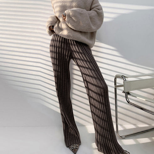 ニットパンツレディース セミフレアパンツ ウエストゴム リブニットパンツ スラッと美脚見せ ストレッチ ハイウエスト ロングパンツ 厚手 あったか 楽ちんボトムス 86KANING-011