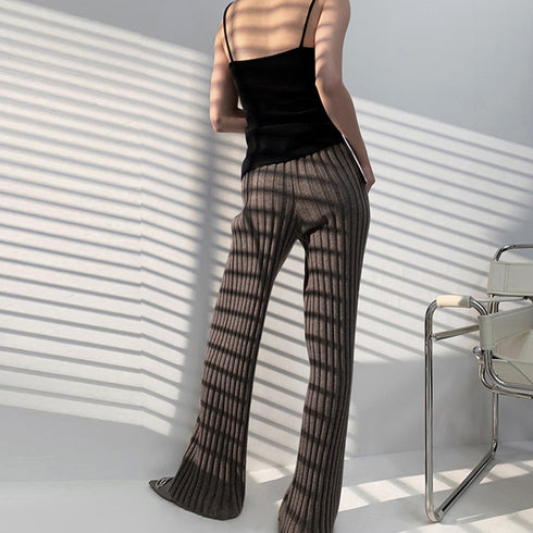 ニットパンツレディース セミフレアパンツ ウエストゴム リブニットパンツ スラッと美脚見せ ストレッチ ハイウエスト ロングパンツ 厚手 あったか 楽ちんボトムス 86KANING-011