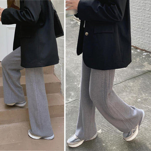 ワイドニットパンツ 韓国風 ロングパンツ レディース ハイウエスト リラックスパンツ 楽ちんボトムス ウエストゴム 体型カバー カジュアルパンツ ゆったり パンツ 86KANING-023