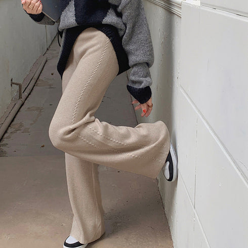 ワイドニットパンツ 韓国風 ロングパンツ レディース ハイウエスト リラックスパンツ 楽ちんボトムス ウエストゴム 体型カバー カジュアルパンツ ゆったり パンツ 86KANING-023