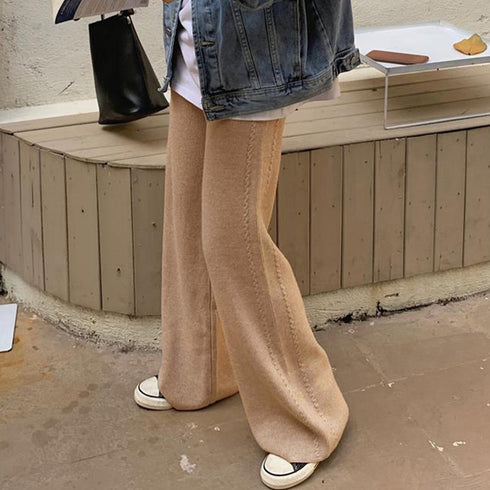 ワイドニットパンツ 韓国風 ロングパンツ レディース ハイウエスト リラックスパンツ 楽ちんボトムス ウエストゴム 体型カバー カジュアルパンツ ゆったり パンツ 86KANING-023