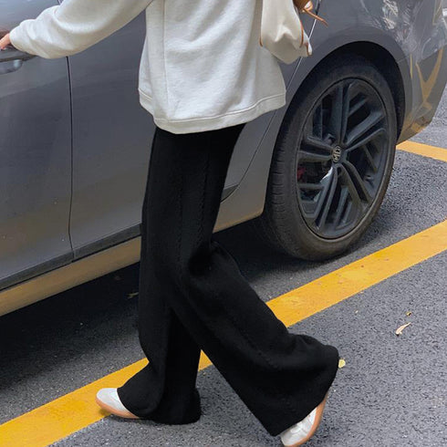 ワイドニットパンツ 韓国風 ロングパンツ レディース ハイウエスト リラックスパンツ 楽ちんボトムス ウエストゴム 体型カバー カジュアルパンツ ゆったり パンツ 86KANING-023