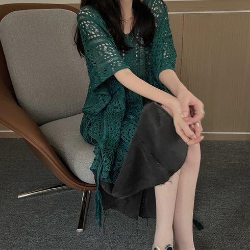 メッシュニット 透かし編み サマーニット セクシー 体型カバー ニットトップス夏 レディース ゆったり Vネック 透け感ゆるニットプルオーバー クロシェ編み 韓国 86KANING-024