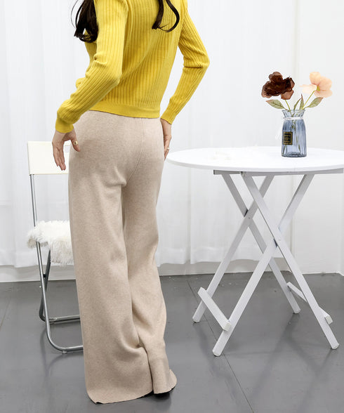 ニットワイドパンツ レディース スリット 美脚脚長 ストレートパンツ センタープレス 秋冬 ロングパンツ ハイウエスト オフィスカジュアル ボトムス 着やせ 無地 86KANING-026