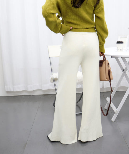 ニットワイドパンツ レディース スリット 美脚脚長 ストレートパンツ センタープレス 秋冬 ロングパンツ ハイウエスト オフィスカジュアル ボトムス 着やせ 無地 86KANING-026