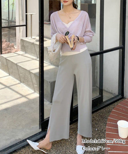 ニットワイドパンツ レディース スリット 美脚脚長 ストレートパンツ センタープレス 秋冬 ロングパンツ ハイウエスト オフィスカジュアル ボトムス 着やせ 無地 86KANING-026