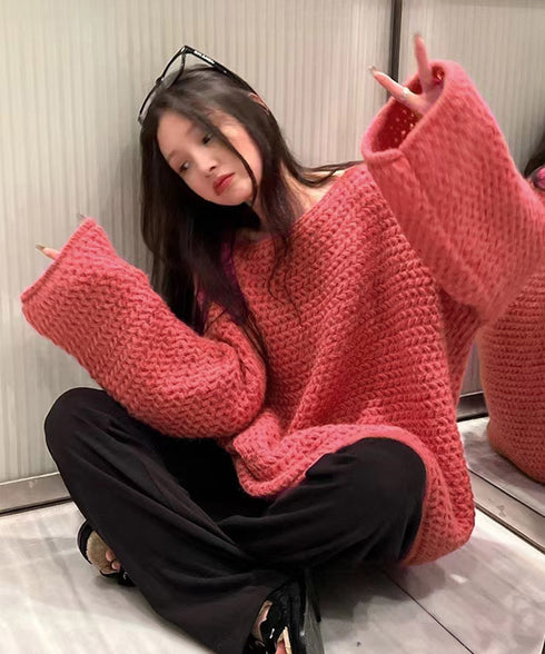 ローケージ ニットセーター プルオーバー レディース ゆったり ざっくり編みニットトップス 韓国秋冬 ボートネック長袖セーター ドロップショルダー 大人ニットソー 86KANING-027