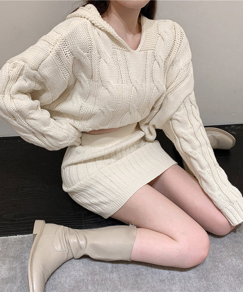 ニット ケーブルニットセットアップ 韓国 ニットパーカー ミニスカート 上下セット秋冬 ショート丈 ニットセーター ハイウエスト タイトスカート お洒落 セクシー 86KANING-033