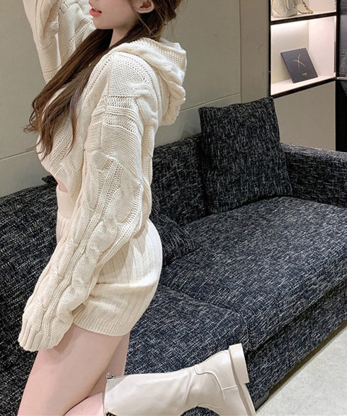 ニット ケーブルニットセットアップ 韓国 ニットパーカー ミニスカート 上下セット秋冬 ショート丈 ニットセーター ハイウエスト タイトスカート お洒落 セクシー 86KANING-033