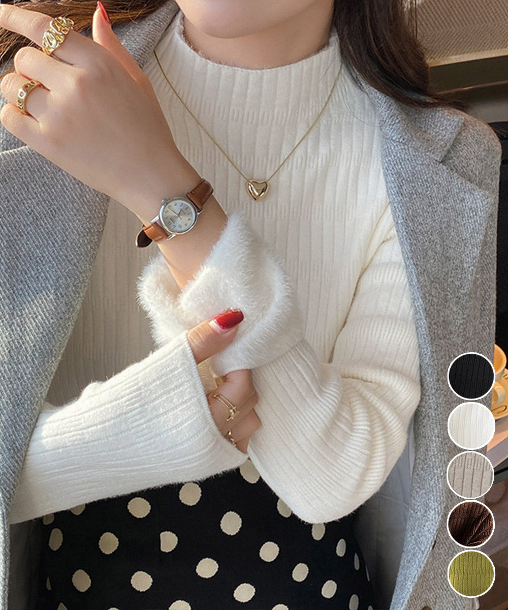裏起毛 プチハイネックニットトップス厚手 詳細画像1