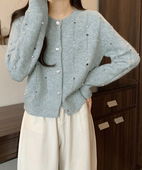 パール付き ニットカーディガン大人可愛い レディース ダメージニットトップス クルーネックニットセーター カジュアルきれいめ ガーリーニット羽織り春秋冬 韓国風 86LBYOU-001