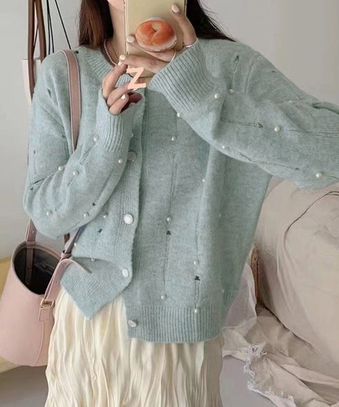 パール付き ニットカーディガン大人可愛い レディース ダメージニットトップス クルーネックニットセーター カジュアルきれいめ ガーリーニット羽織り春秋冬 韓国風 86LBYOU-001
