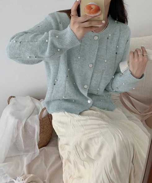 パール付き ニットカーディガン大人可愛い レディース ダメージニットトップス クルーネックニットセーター カジュアルきれいめ ガーリーニット羽織り春秋冬 韓国風 86LBYOU-001