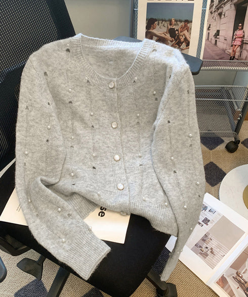 パール付き ニットカーディガン大人可愛い レディース ダメージニットトップス クルーネックニットセーター カジュアルきれいめ ガーリーニット羽織り春秋冬 韓国風 86LBYOU-001