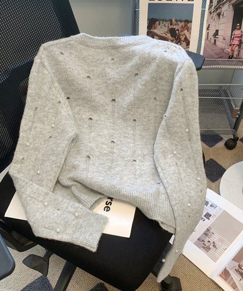 パール付き ニットカーディガン大人可愛い レディース ダメージニットトップス クルーネックニットセーター カジュアルきれいめ ガーリーニット羽織り春秋冬 韓国風 86LBYOU-001
