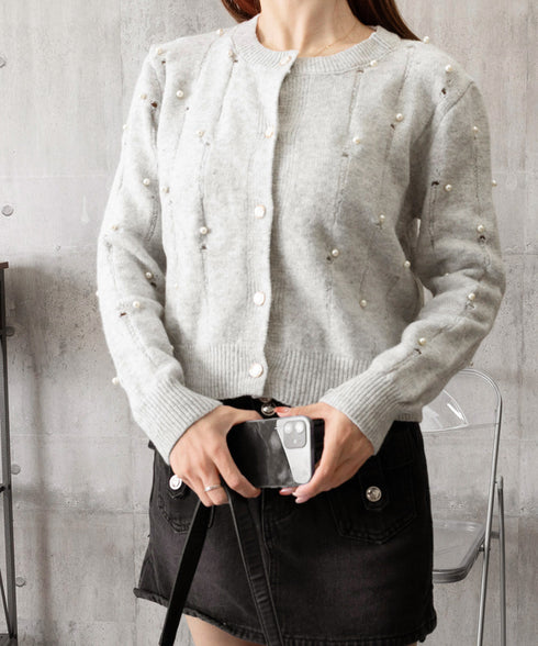 パール付き ニットカーディガン大人可愛い レディース ダメージニットトップス クルーネックニットセーター カジュアルきれいめ ガーリーニット羽織り春秋冬 韓国風 86LBYOU-001