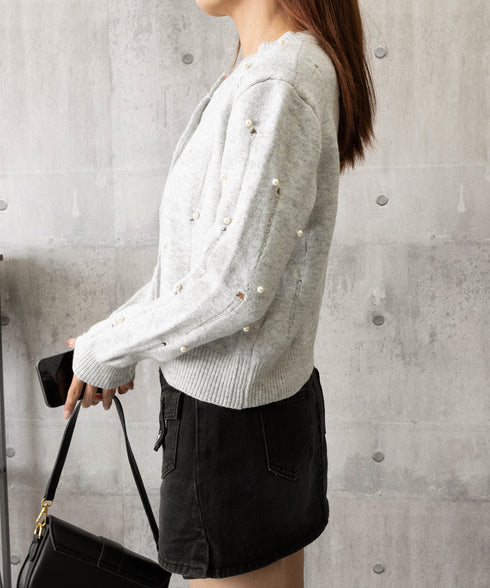 パール付き ニットカーディガン大人可愛い レディース ダメージニットトップス クルーネックニットセーター カジュアルきれいめ ガーリーニット羽織り春秋冬 韓国風 86LBYOU-001
