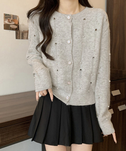 パール付き ニットカーディガン大人可愛い レディース ダメージニットトップス クルーネックニットセーター カジュアルきれいめ ガーリーニット羽織り春秋冬 韓国風 86LBYOU-001